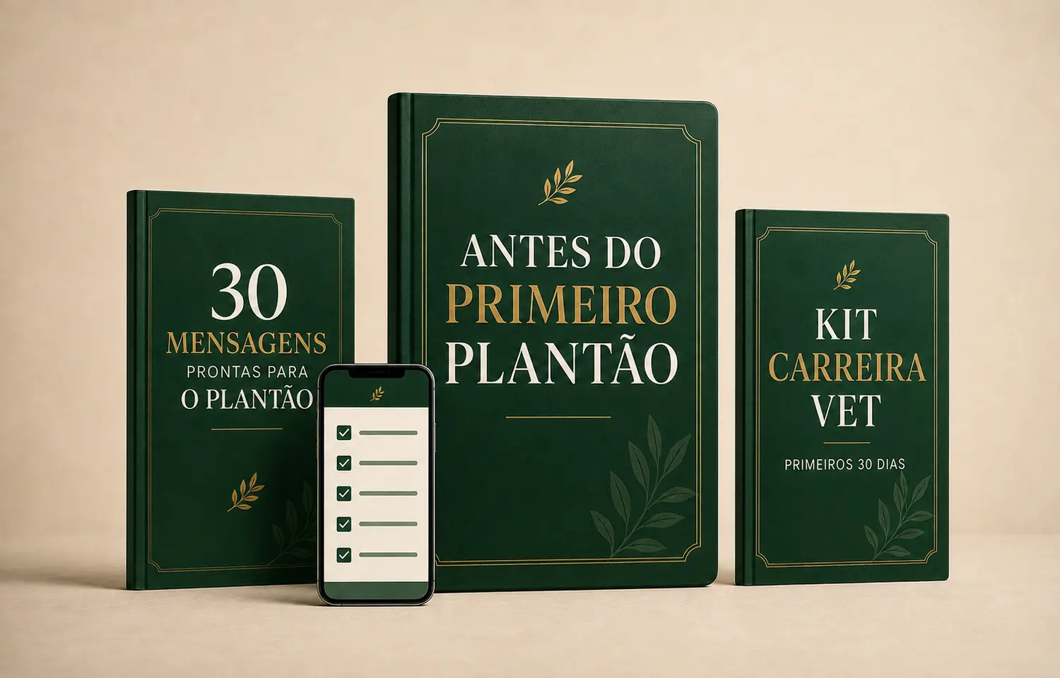 Mockup do ecossistema Começo de Vet com três materiais digitais e checklist no celular